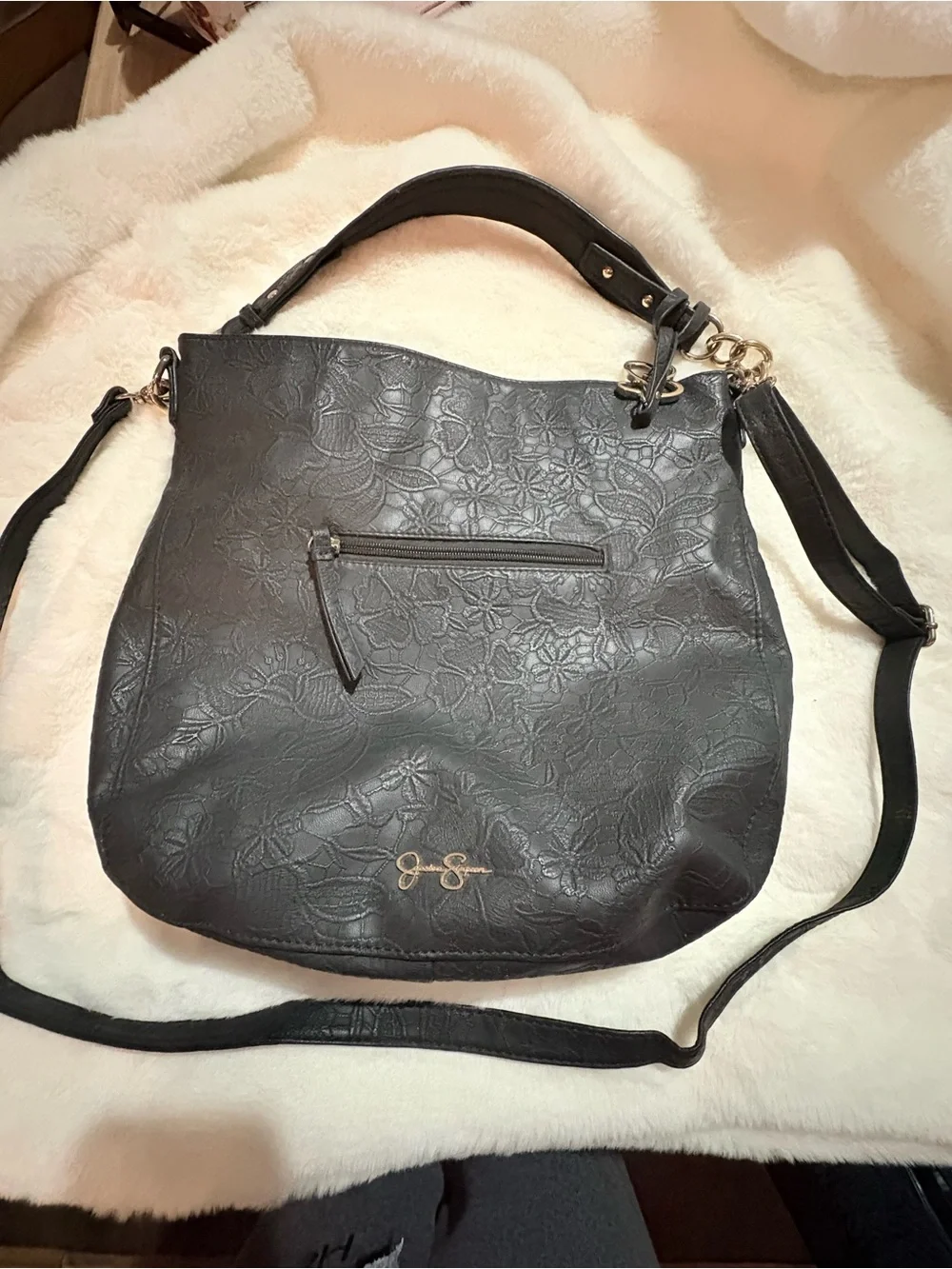 Jessica Simpson Black Floral-Embossed Shoulder Bag with Gold Accents